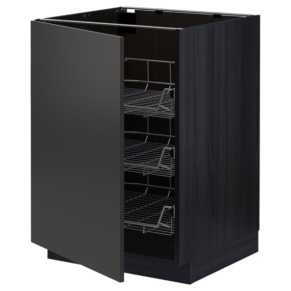 Modern black kitchen unit with pull-out wire racks.
