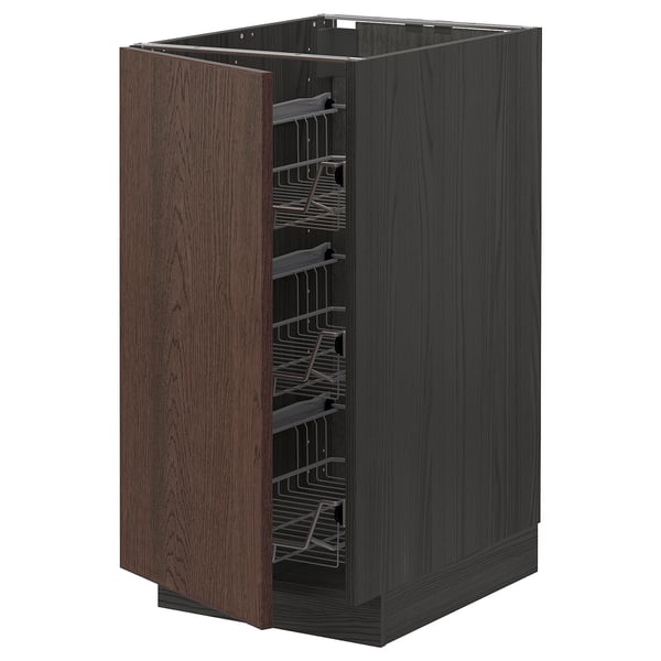 METOD kitchen unit, dark brown with wooden edge, wire racks, square shape.