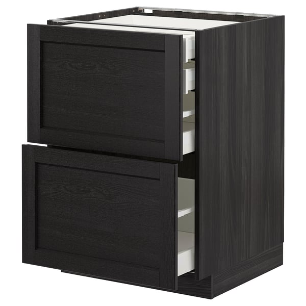 Black kitchen cabinet with two open drawers, dark wood finish, modern design, part of IKEAs METOD system.