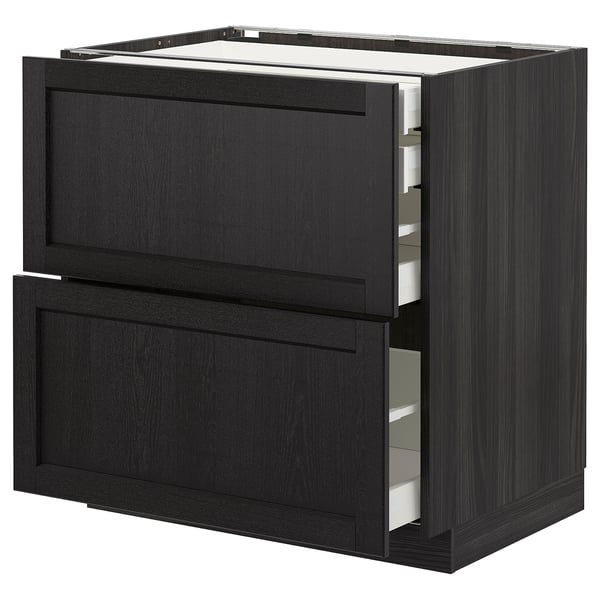 METOD black kitchen unit with three drawers. Traditional style, wooden texture, rectangular shape.