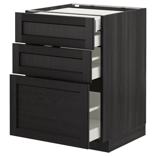 Modern black kitchen unit with three open drawers. Sleek design, dark stained wood finish. Self-closing drawers, metallic handles.