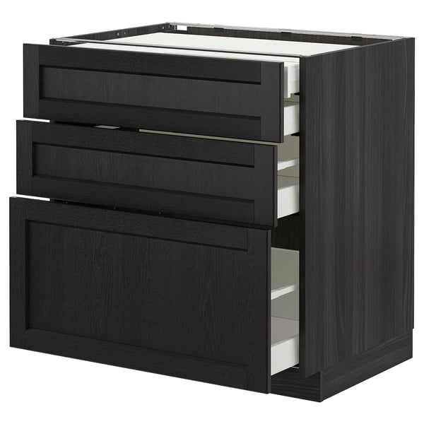 Black METOD kitchen unit with 3 drawers and storage compartment.