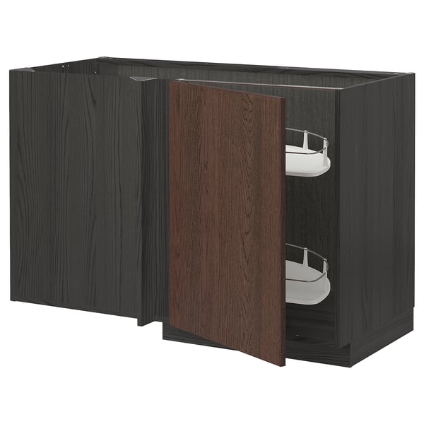 Dark wooden kitchen cabinet with pull-out shelves, modern design, sturdy construction.