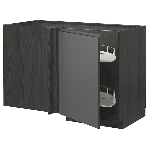 Modern dark grey kitchen cabinet with pull-out shelves. Sleek design, sturdy wood material, corner base.