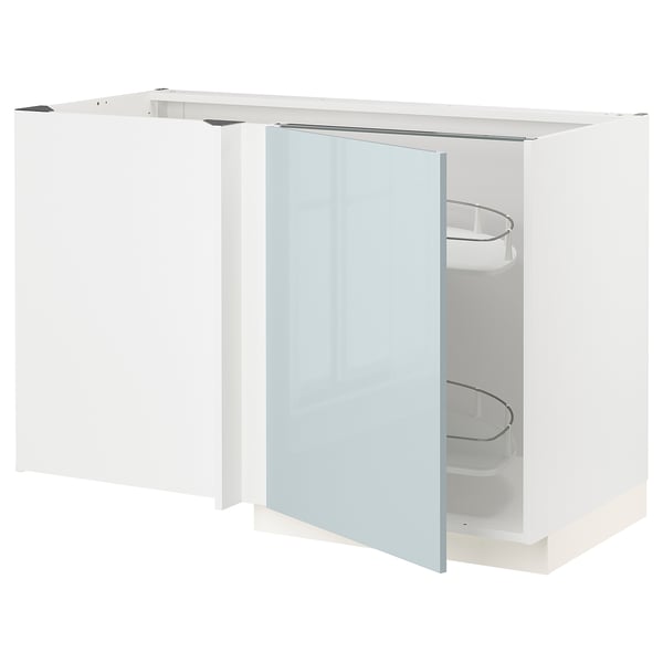 A white ikea METOD kitchen cabinet with a glass door in frosted blue, featuring corner shelves and a pull-out carousel.