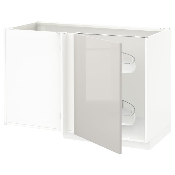 White high-gloss corner kitchen cabinet with pull-out shelves.