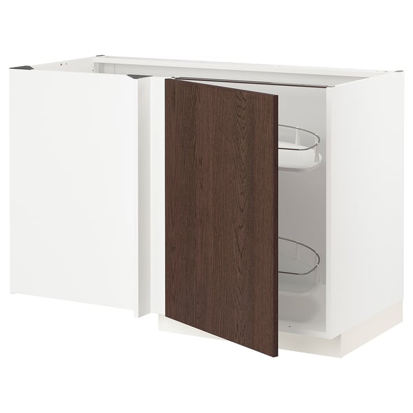 Modern white kitchen cabinet with dark brown door, featuring a pull-out shelf.