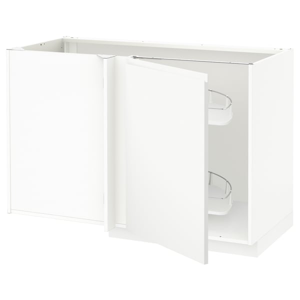 METOD white kitchen cabinet, modern minimalist design, integrated handles, with pull-out carousel shelves.