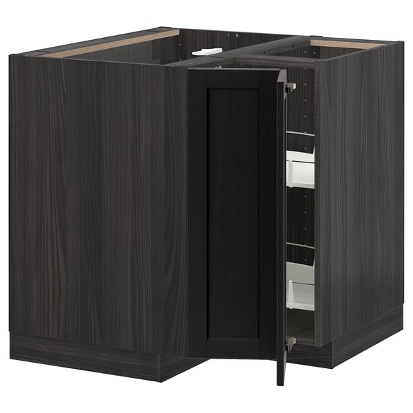 Dark wooden kitchen cabinet with one door open revealing shelves. Modern, rectangular design with black stained finish.