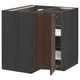 Dark brown wooden kitchen cabinet with multiple shelves and drawers in a corner base design.
