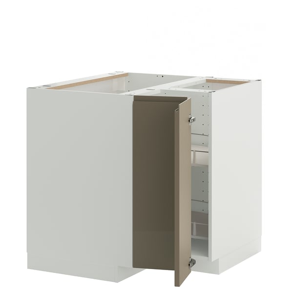 METOD Corner base cabinet with carousel, white/Voxtorp high-gloss dark grey-brown, 88x88 cm