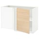 A white and light wood-patterned METOD kitchen corner cabinet with adjustable shelves.
