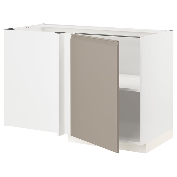 METOD corner cabinet, white, modern, l-shape, grey-beige door, integrated handle.