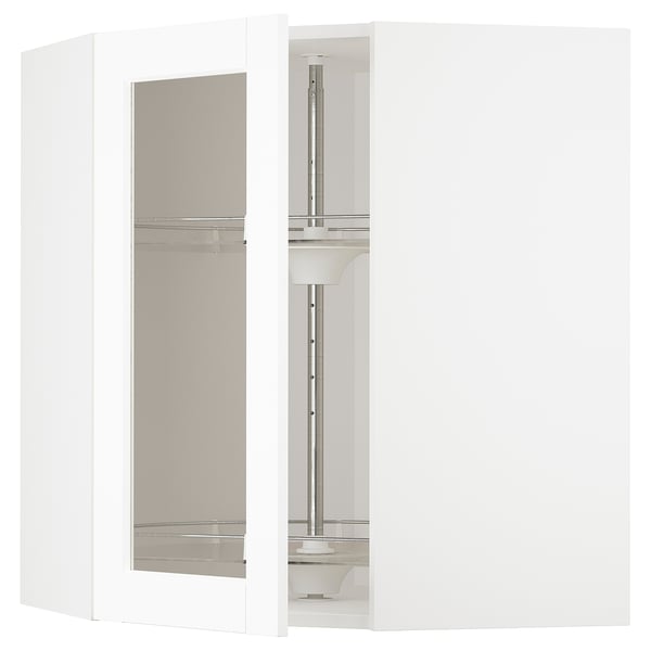 A white METOD kitchen unit with frosted glass doors and aluminium handles.