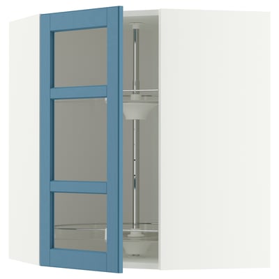METOD Corner wall cab w carousel/glass dr, white/Lerhyttan blue, 68x80 cm
