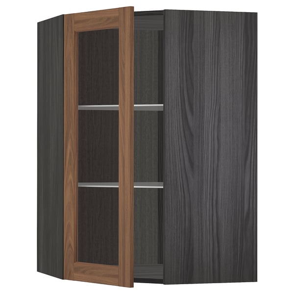METOD kitchen unit with dark wood grain doors, one open, displaying metal shelves.