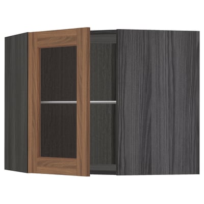 METOD kitchen unit with walnut foil door and glass shelves, right-hinged.