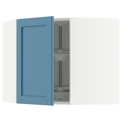 METOD Corner wall cabinet with carousel, white/Lerhyttan blue, 68x60 cm