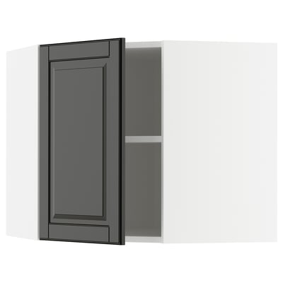 METOD Corner wall cabinet with shelves, white/Bodbyn black, 68x60 cm