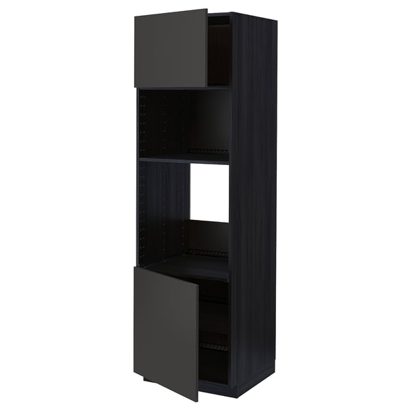 Black ikea METOD kitchen unit with open shelves and one swings door.