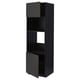 Black ikea METOD kitchen unit with open shelves and one swings door.