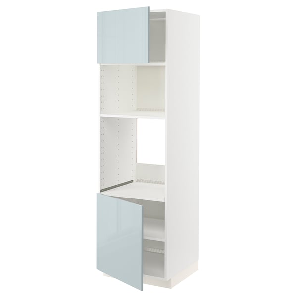 A white METOD kitchen cabinet with high-gloss grey-blue doors, featuring a tall, rectangular shape with multiple adjustable shelves and sturdy hinges.