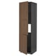 View of ikea METOD walnut-brown cabinet, tall with two hinged doors open.