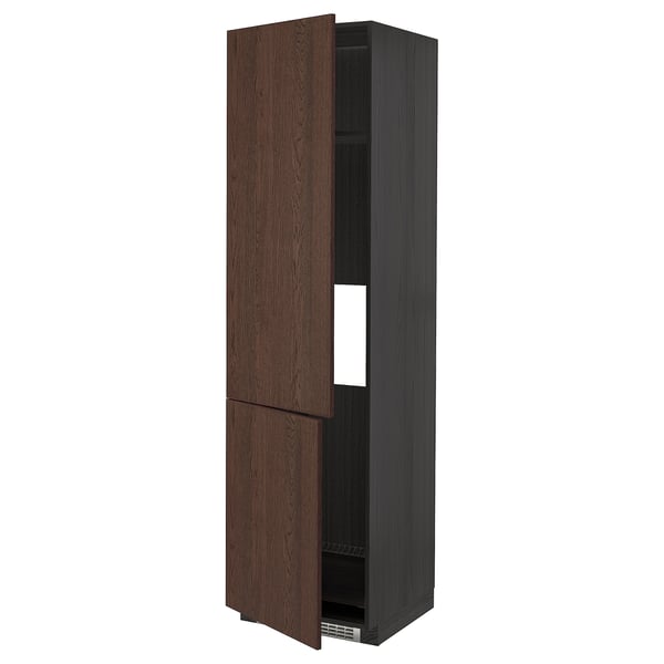 Dark brown kitchen cabinet with oak veneer, stylish wood edges, adjustable shelves, and sleek design.