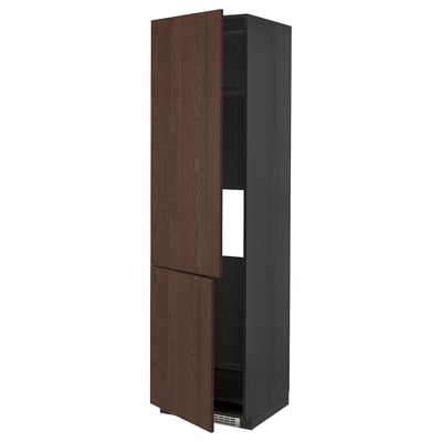 Dark brown kitchen cabinet with oak veneer, stylish wood edges, adjustable shelves, and sleek design.