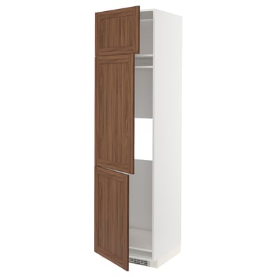White METOD kitchen cabinet with walnut doors, adjustable shelves.