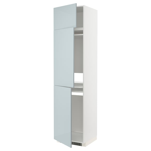 A modern, tall light blue ikea METOD cabinet with two adjustable shelves inside and a sleek design.