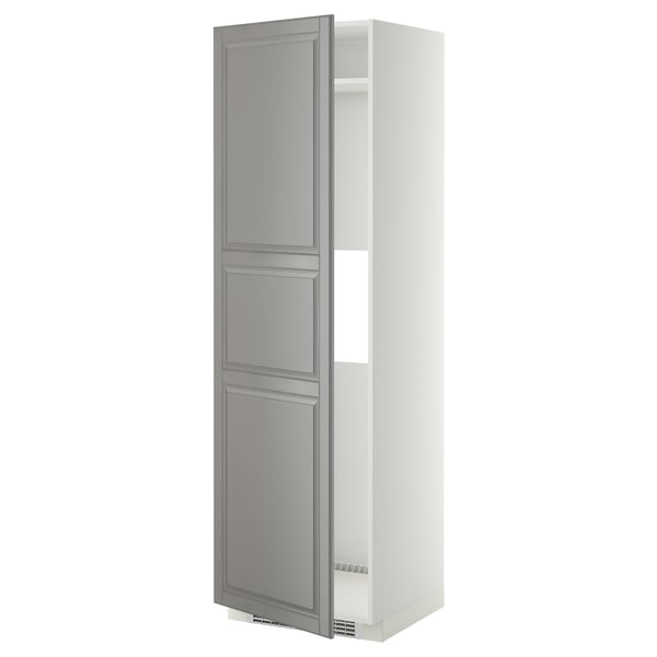 A METOD kitchen cabinet in grey with a white interior and bevelled edges, standing vertically.