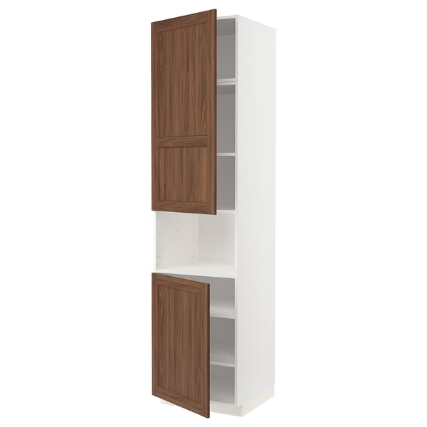 METOD High cab f micro w 2 doors/shelves, white Enköping/brown walnut effect, 60x60x240 cm