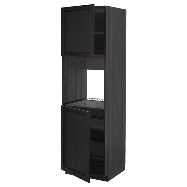 Black stained kitchen cabinet with shelves.