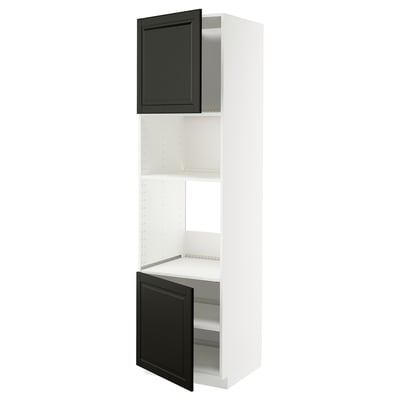 A white METOD kitchen cabinet with black bodbyn doors featuring bevelled edges, including an open door revealing adjustable shelves inside.