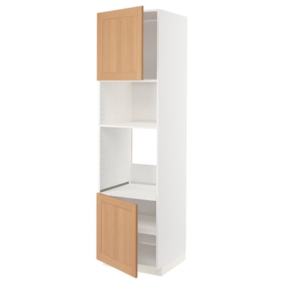 White ikea METOD kitchen cabinet with oak doors, two open shelves.