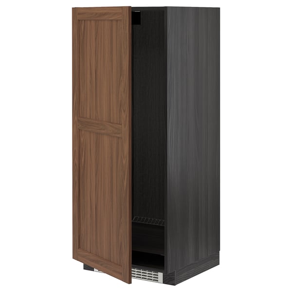 METOD kitchen cabinet with walnut wooden door and black interior.