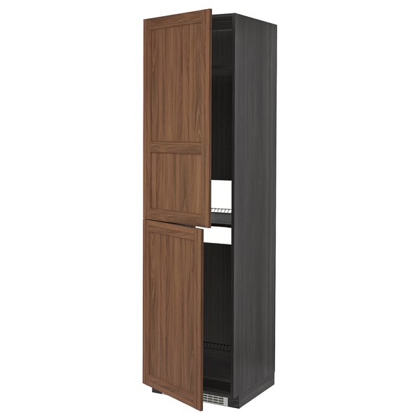 Wooden kitchen cabinet, tall, brown, with open doors.