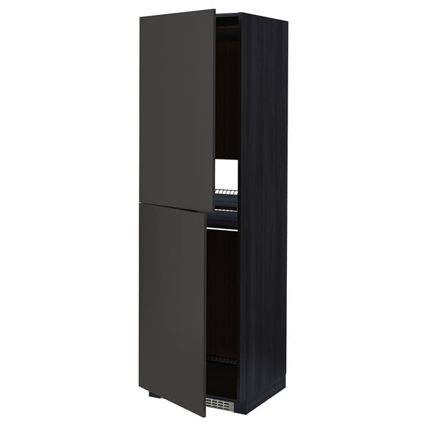 Tall black kitchen cabinet with two open doors.