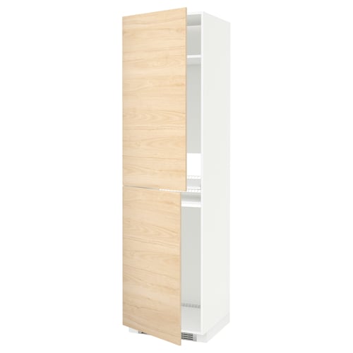 Ikea METOD light ash cabinet. Tall, rectangular, two-door kitchen cupboard. White with light wood doors.