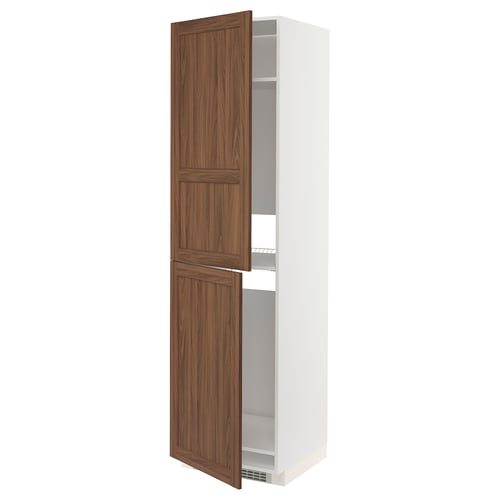 Open white cabinet with wooden doors.
