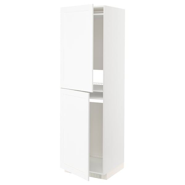 White METOD kitchen cabinet with adjustable shelves, two open doors.