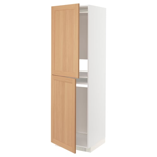 White and light wood kitchen cabinet, tall, two doors open.