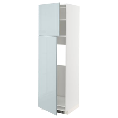 A METOD kitchen cabinet with two light blue high-gloss doors, featuring adjustable shelves inside.