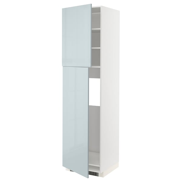 Ikea METOD tall white cabinet with light blue doors, high-gloss finish.