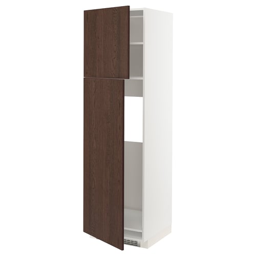 Tall white cabinet with dark brown wooden doors, open showing shelves.