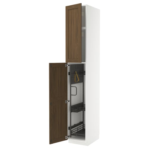 METOD kitchen cabinet with walnut doors and open section for cleaning supplies.
