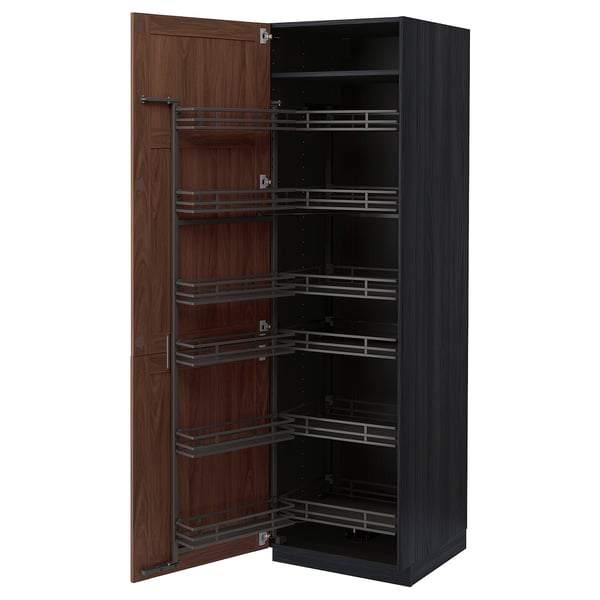 Open dark grey wooden cabinet with multiple shelves