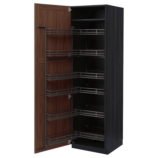 METOD kitchen storage unit with dark wood and metal shelves.