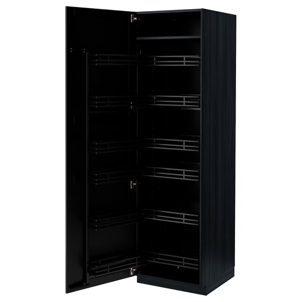 Black wooden tall cabinet with multiple shelves and drawers.